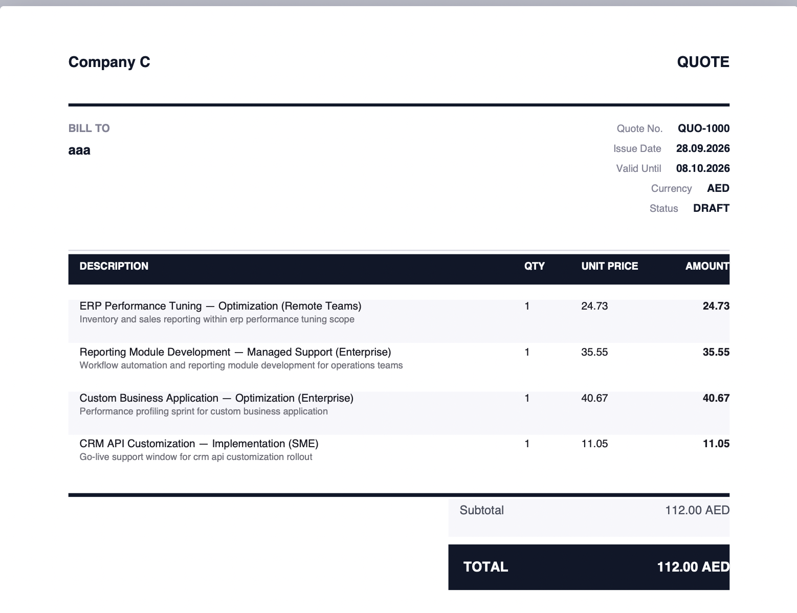 Create Invoice line items and footer note for preparing a business quote PDF