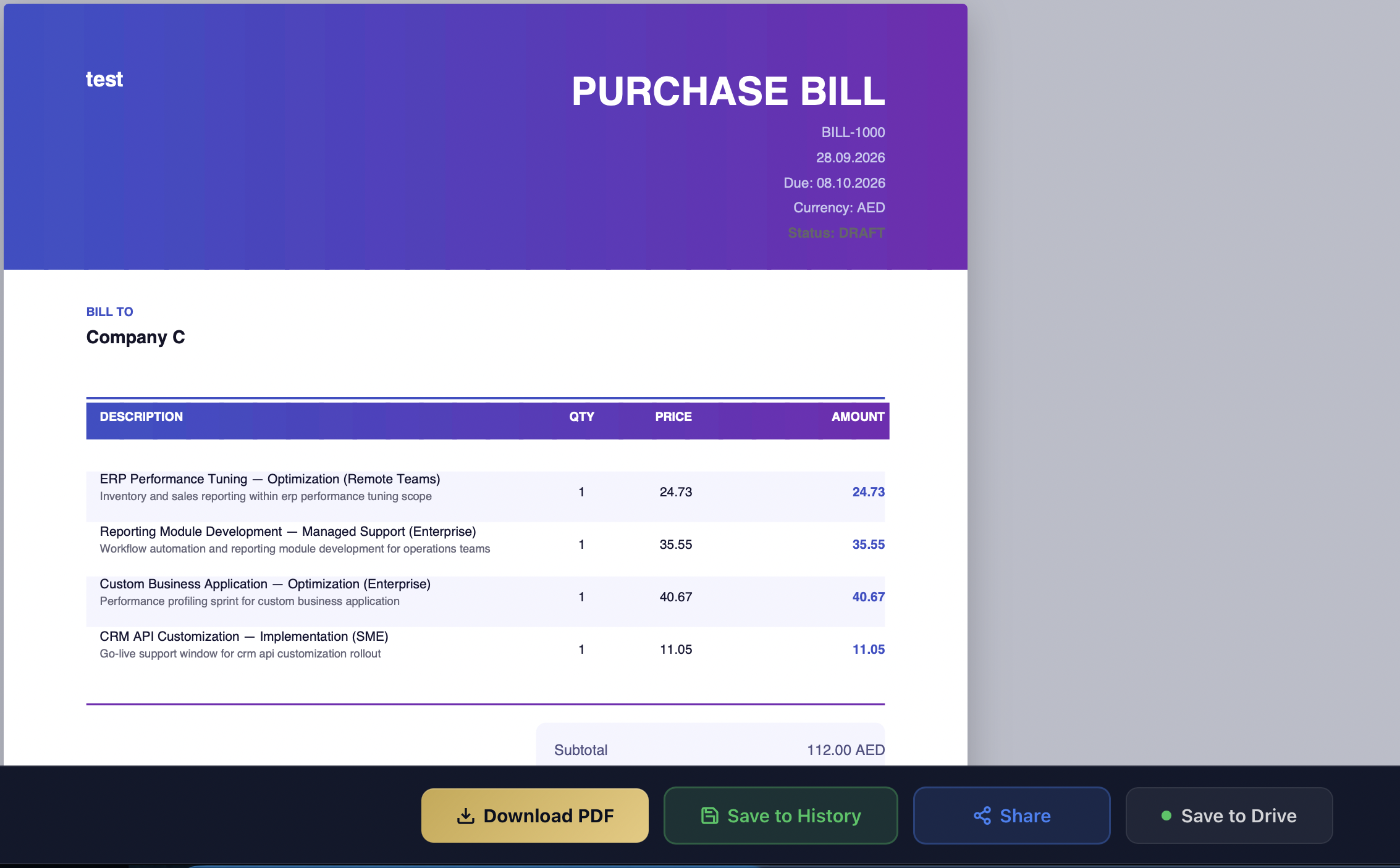 Purchase Bill Generator screenshot
