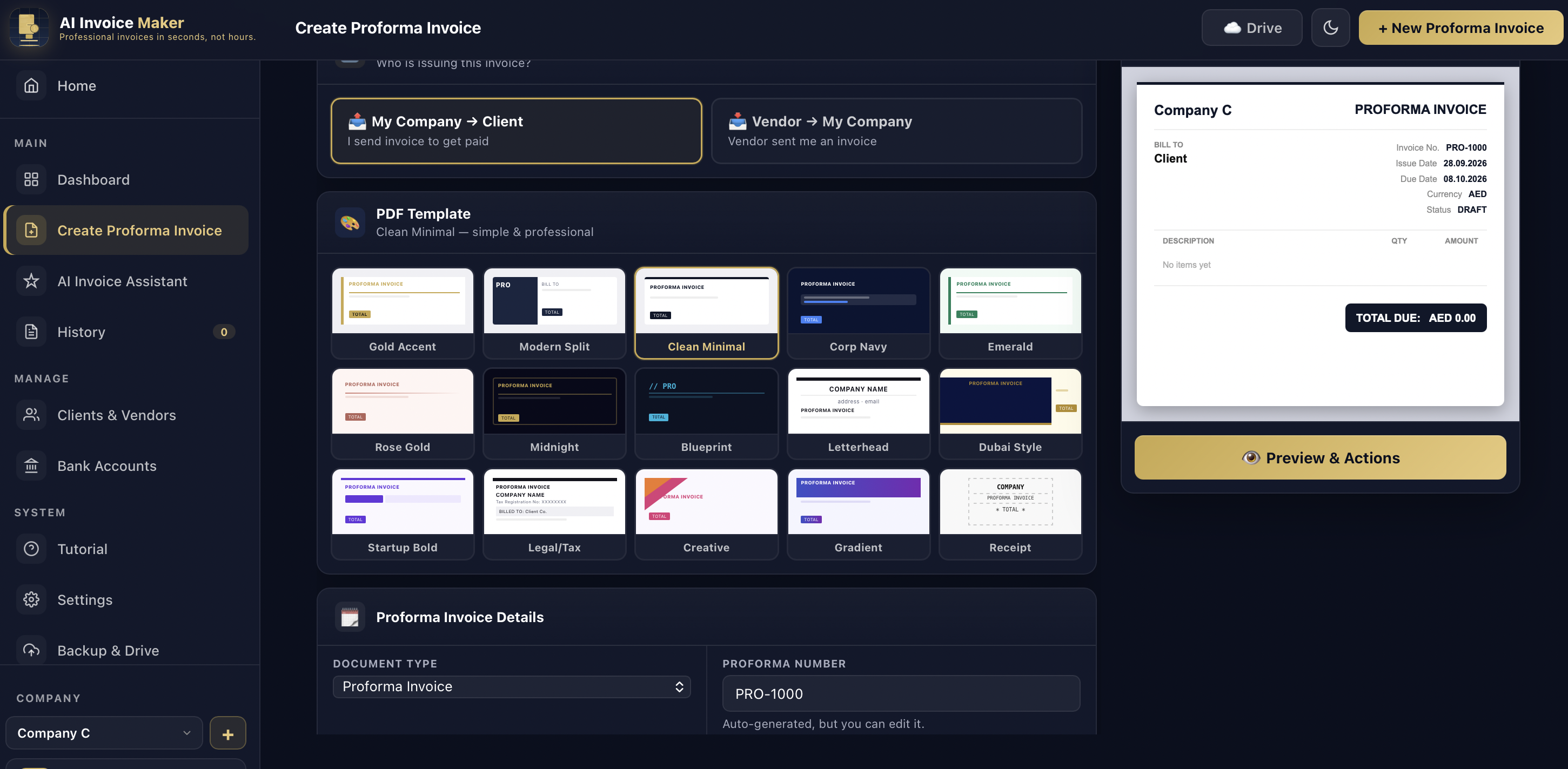 Create Invoice screen with template picker, line items, and live preview for proforma documents