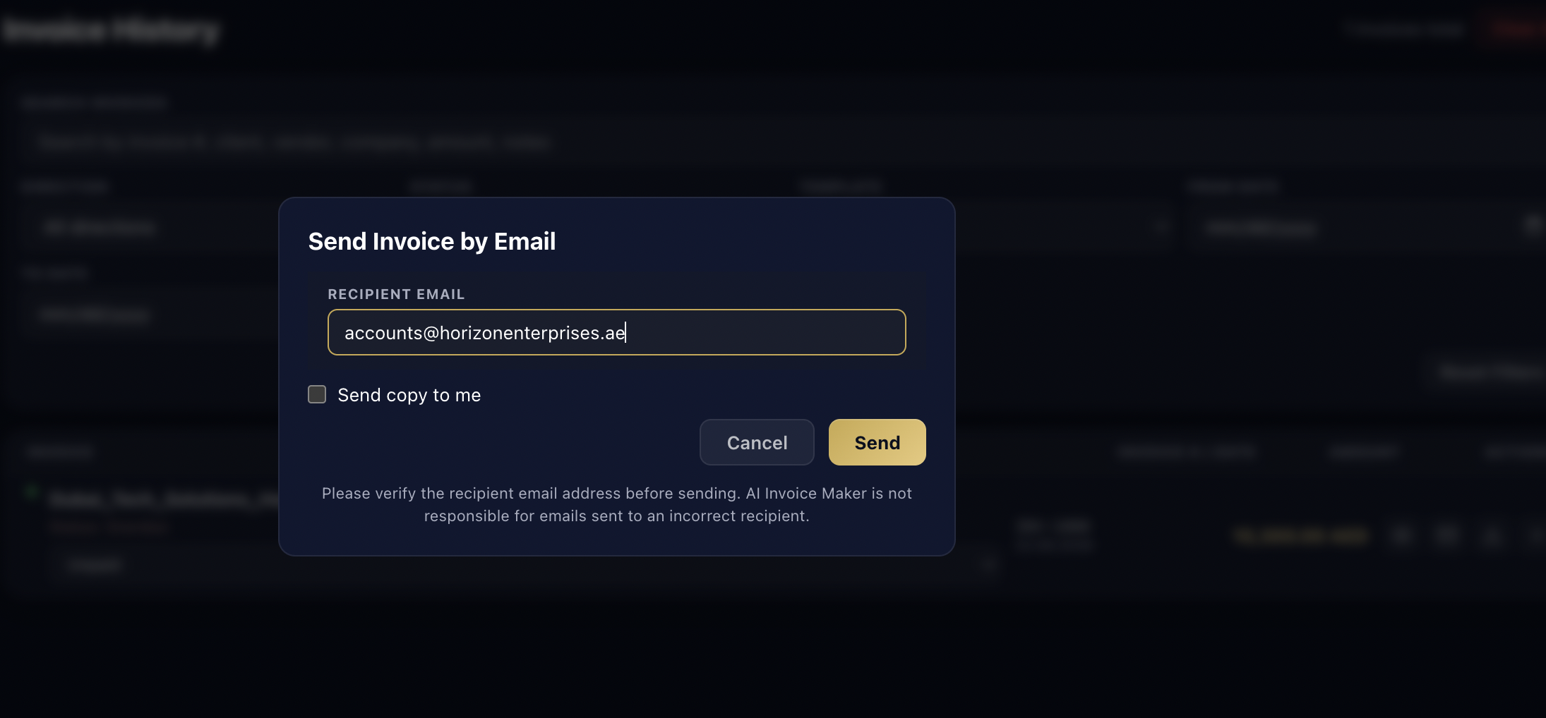 Send Invoice email dialog for delivering the PDF to a recipient